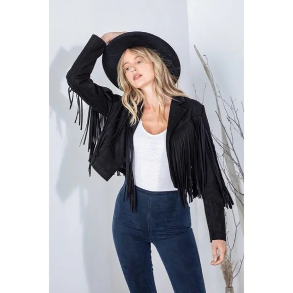 Black Faux Leather Suede Fringe Cropped Western Boho Moto Jacket - Picture 7 of 7